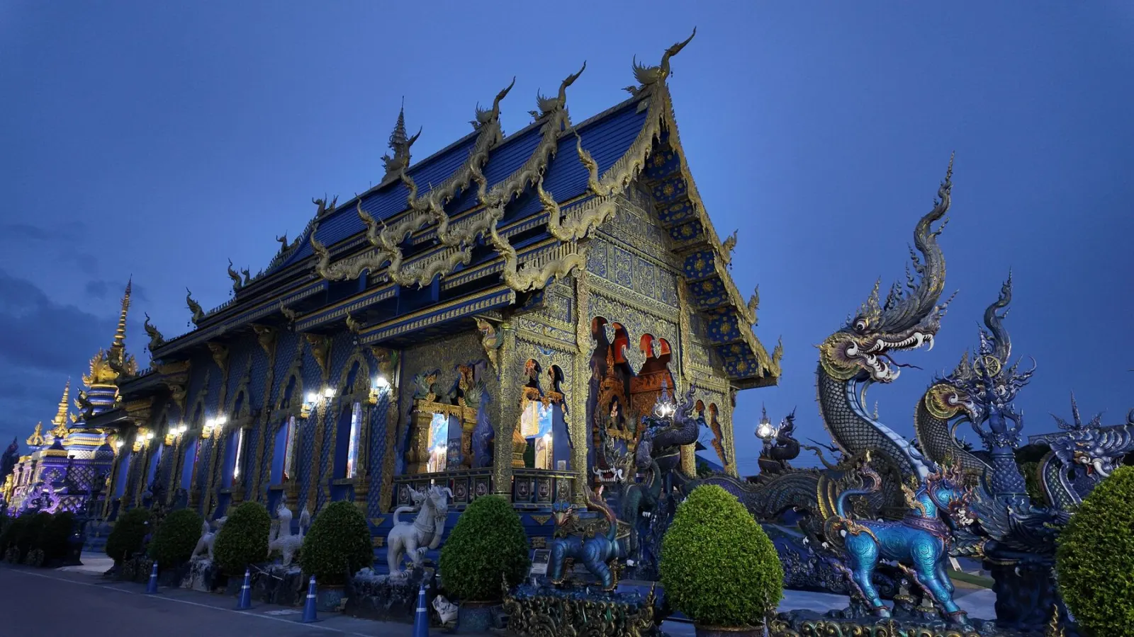 The Blue Temple in Chiang Rai at nightfall